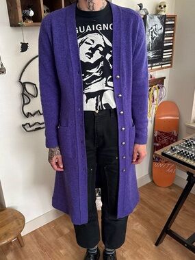 Vintage 70s Purple Shetland Wool Long Cardigan Sweater Duster ~ Size Small